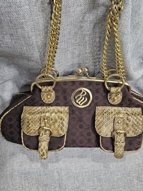 Vintage Y2K Rocawear Brown Shoulder Bag with Gold Snake-Texture Accents